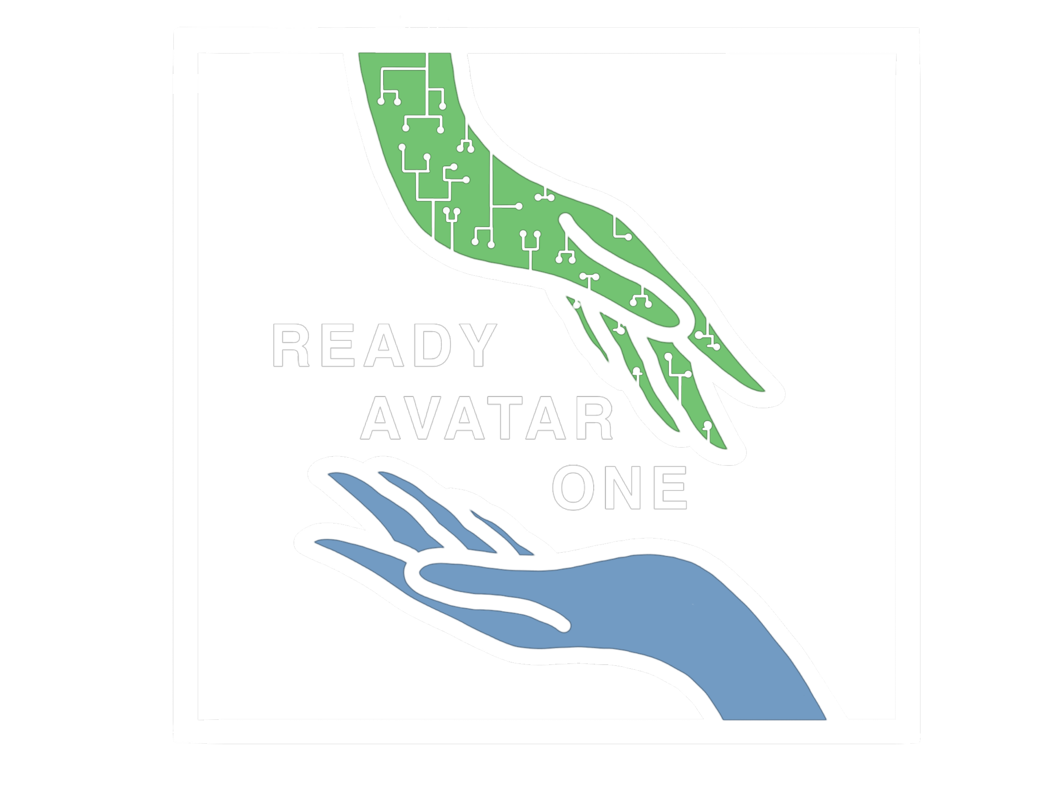 The Ready Avatar One logo. Two hands reach towards each other, one blue, the other green, with the text Ready Avatar One between them.